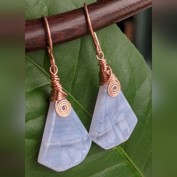 Natural Blue Lace Agate Earrings Copper Spirals Geometric Dangle Drop Design - Picture 1 of 15